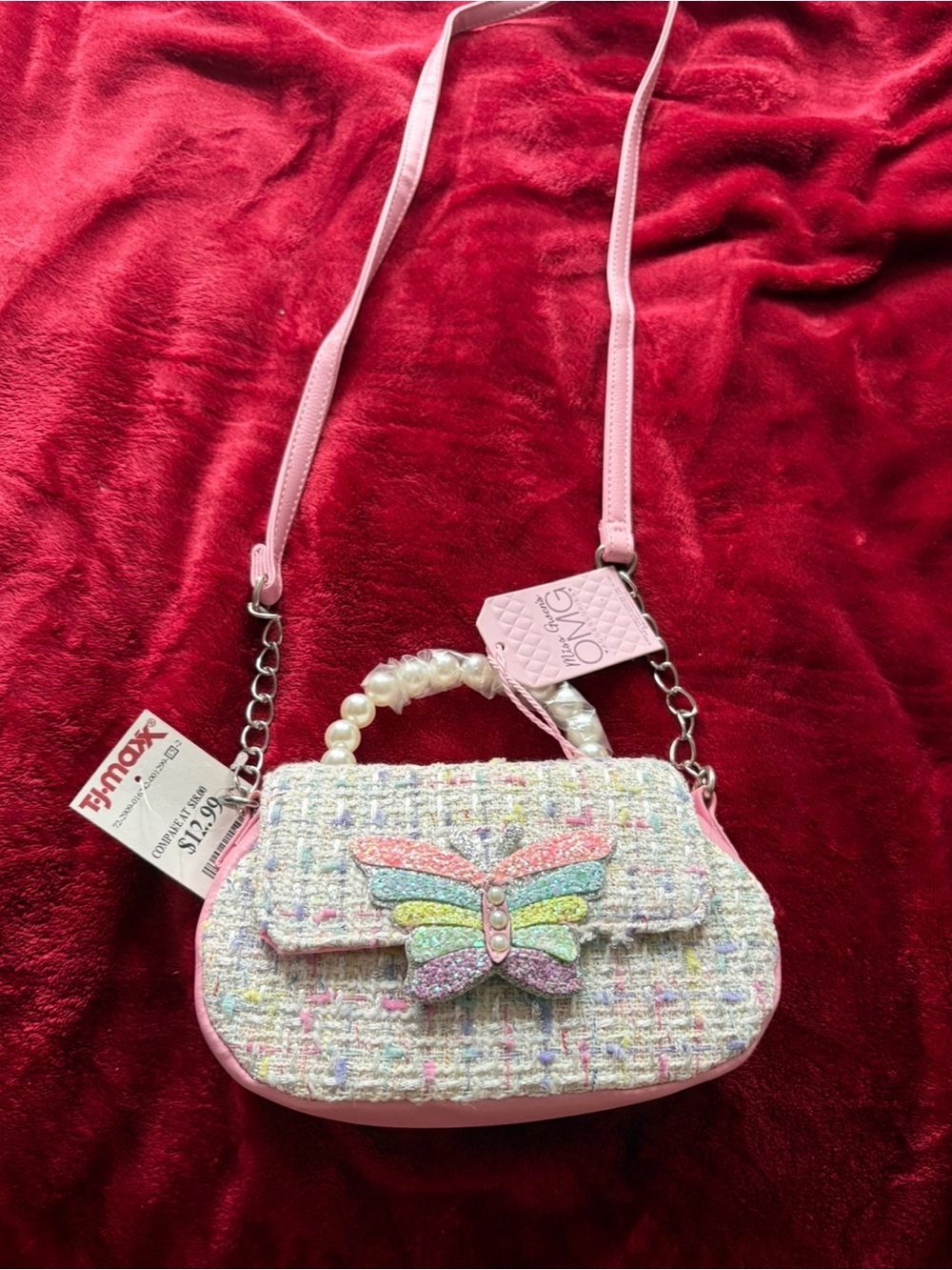 Kids Pink Tweed Butterfly Crossbody Bag with Pearl Handle